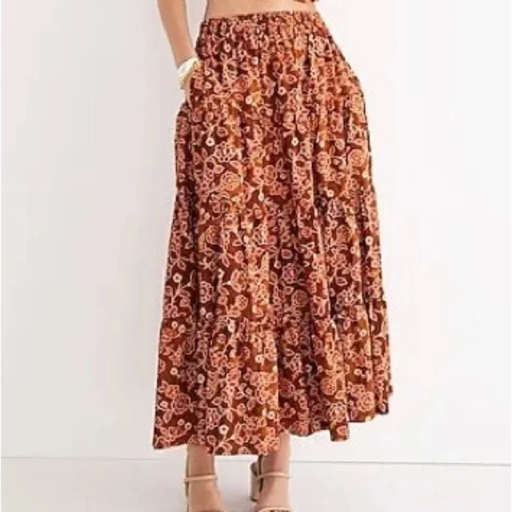 J Crew Womens Large Tiered Pull On Brown Maxi Skirt‎ Vintage Vines Boho BK712